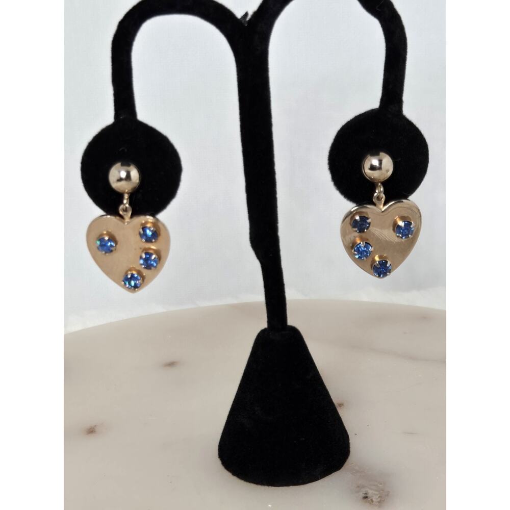 Vintage Japan Silver Tone Hearts Blue Glass Rhinestone Earrings With Screwbacks